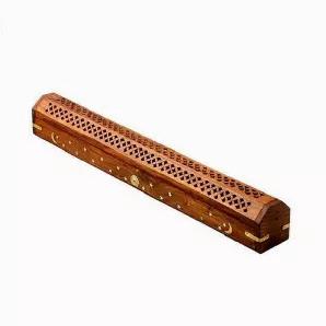 This Perforated Celestial Wood Incense Box Burner and Ash Catcher are carved into a decorative item for your home. Holding up to 2 cones and a burning stick, its fragrant, and purifying smoke gently rises through the cut-out of vents. <br><br>These incense burners were hand-carved in India from natural wood, a dark hardwood with darker streaks that give the wood its attractive appearance. These burners combine a classical Indian style with your favorite aroma and are designed specifically to enh