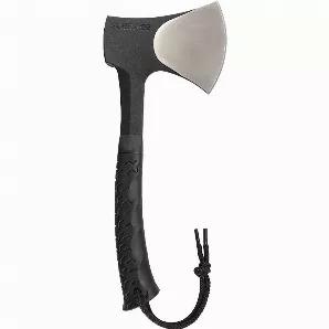 The Schrade Full Tang Hatchet has a powder coated 3Cr13 stainless steel head with hammer pommel. The handle is a black rubber wrapped TPR with a lanyard. A Thermoplastic belt sheath is included for easier carry. The blade length is 3.55 inches with an overall length of 11.08 inches.