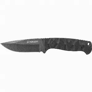The Schrade Full Tang Fixed Blade Knife is made of 65Mn high carbon steel. It has a drop point blade with a thumb rest jimping. The handle is made of G-10 slabs with a lanyard hole. A thermoplastic belt sheath with removable ferro rod is included for easy carry.