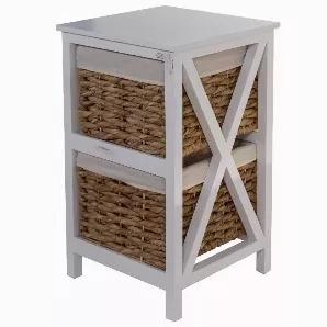 Length: 23.4
Width: 14
Height: 14
White Wooden Side Table with 2 Lined Basket Weave Drawers Ample storage with 2 twisted weave water hyacinth baskets in natural color and metal frames.