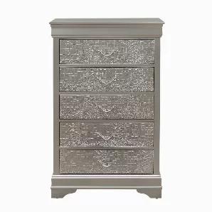 Length: 31
Width: 16
Height: 48
A luxuriously appointed chest that will help you create an oasis of comfort and relaxation in your home. This chest features a gorgeous blend of silver tones, making it a fitting choice for most room decors. This chest incorporates several It including clean lines, 5 spacious interior drawers, croc embossed drawer fronts, and silver hardware complete with rhinestone detailing. It is constructed utilizing utilizing solid rubberwood. Quality craftsmanship in ever