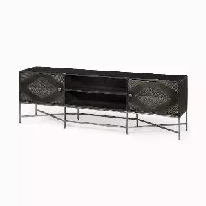 Length: 70.5
Width: 16
Height: 23.3
This is a media console made from Indian mango wood with embossed diamond pattern doors.|Dark Brown Solid Mango Wood Finish TV Stand Media Console With 2 Doors And 2 Open Shelves