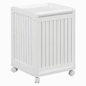 Length: 15.75 Width: 15.75 Height: 24 Admire the durability and functionality of the our White Finish Solid Wood Rolling Laundry Hamper with Lid. Beautifully crafted of 100% birch wood finished in a warm winter white, it is truly built to last a lifetime. With an appealing slat style design, this hamper will look great in any bedroom, bathroom, kids room or laundry room. Soiled laundry is no match for this hamper ' it can withstand whatever comes its way! Enjoy the ease of mobility offered by th