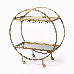 Length: 18
Width: 36
Height: 40
"The hostess with the mostess". This Showstopper Circular Rolling Bar Cart lives up to its name. The Antiqued Gold finish on this uniquely shaped circular bar cart gives this entertaining or storage piece the ideal amount of luxury and minimalism to be the star of your space. Featuring two rectangular mirrored shelves, this cart will showcase your best bottles and crystal in a beautiful fashion. It has caster wheels which are a great benefit during a party or f