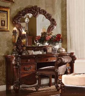Length: 20
Width: 25
Height: 28
Create an elegant, traditional design in your bedroom with the cherry Vendome vanity stool. This hand-crafted piece inspired from the luxurious designs of the past, this stool features elaborate wood carving details, traditional hardware and a sophisticated style.