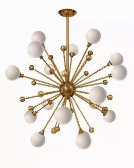 Length: 37
Width: 37
Height: 39
Just like no other, this chandelier makes a truly unique statement in your home. We love it when it hangs just over the dining table, scattering light with its spikey brass finish. The chandelier consists of sixteen bulbs hanging on metal spikes emanating from a center knob. Each bulb is enclosed by a white globe shade and is really stylish. This fashion forward contemporay piece will light up the room and turn heads, making it an ideal fit for modern interiors