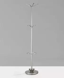 Length: 14 Width: 14 Height: 70 A multi-function accessory that looks good, this umbrella stand and coat rack takes up minimal space for dorm, office, bedroom, or entry hall. The matte champagne coated steel and chrome accents create a unique contrast. A metal cup at the base catches water from dripping umbrellas.