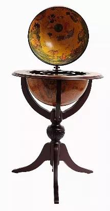 Length: 26
Width: 26
Height: 45
Featuring an old nautical map on its surface, the globe can be lifted to reveal the hidden drink cabinet and the highly decorated interior. This cabinet is made of wood and painted in dark red mahogany. Globe measures 17.75 inches diameter. Some light assembly needed.