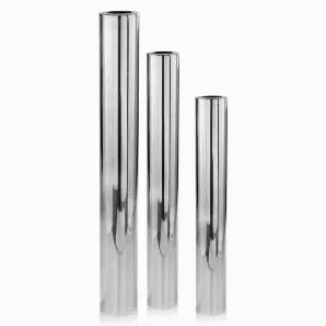 Length: 6 Width: 6 Height: 40 This large cylindrical vase is tall and oversized which makes it a perfect floor vase. This lofty vase makes a modern statement whether left unadorned or displaying a simple bouquet or stem. Pair it up with the XXL and XL size to create a complete lavish eye-catching display. This is a smooth buffed aluminum. It is shiny and reflective mirror-like but not as shiny.
