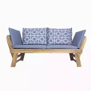 Length: 24 Width: 60 Height: 29.5 Adjustable Wooden Bench is the perfect combination of Style and Functionality for both indoor and outdoor use. Whether being used for upright seating or with both ends adjusted flat into a daybed position for that late afternoon nap, this lounger will work for you on a number of different levels.
