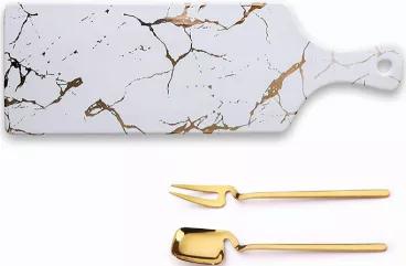 Serve in Style Handmade with heavy ceramic and accentuated by a gold marble pattern. Comes with two-pronged dessert fork and beautiful long-handled dessert spoon. Finest Ceramic and Artistic creation in an elegant serving platter.