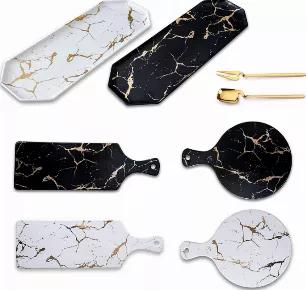 Ultra-class Black and Gold Handmade with heavy ceramic and accentuated by a gold marble pattern. Comes with two-pronged dessert fork and beautiful long-handled dessert spoon. Finest Ceramic and Artistic creation in an elegant serving platter.