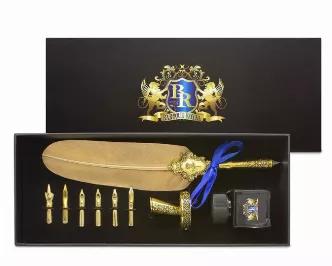 Baroque Royal Calligraphy Feather Quill Pen Kit for Beginners (11-Piece Set), Antique Dip Pen, 7 Gold Nibs, 15ml Ink, Pen Rest and Luxury Gift Box, Best Hand Lettering Gift for Men and Women. Excellent placed on office desk