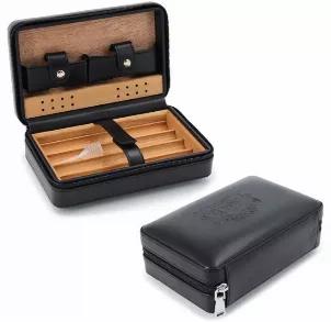 Baroque Royal Travel Cigar Humidor-Spanish Cedar-Better moisture retention, Superior warp-resistance, and Amazing aroma. Take your cigars wherever you go. Comes with a tray that fits 4 cigars up to 7", a water dropper, and 2 small pockets for your cigar accessories. Holds cigars in place with a leather strap to prevent shifting