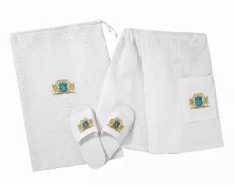 Baroque Royal towel wrap KIT comes with a shower wrap, disposable waffle slippers, and a travel bag accentuated by our signature crest. Comfortably fit features an adjustable 54" elastic waist with a Velcro closure and a 20" length for great coverage and a pocket on the wrap-around towel