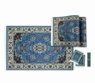 Baroque Royal Make A statement Individual Oriental Rug Placemat Set, 6 Piece, Mini Persian Turkish Carpet Place Settings with Fringes, 1 Table Runner, 2 Woven Fabric Table Mats, 2 Coasters, 1 Bookmark, Blue