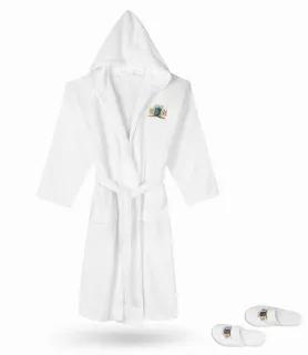 Luxury Hooded Bathrobe, 100% Egyptian Cotton Terry on the inside, Velvety soft velour on the outside. Absorbent but kind to the most sensitive skin. Double stitched and machine-washable, handles well in the wash keeping look and softness intact. Hotel-esque luxury Experience Has a self-tie belt at the waist. One with disposable slippers.