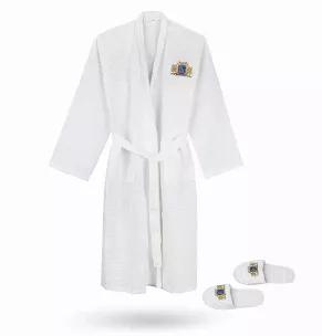 Baroque Royal Men's Waffle Kimono Spa Robe Lightweight Comfort Lounge Robe 70% cotton/ 30% polyester blend. Super soft and lightweight, tailored collar, wide sleeves, and just the right length for a perfect kimono-inspired house robe. High-quality fabric and double-stitched seams. Comes with disposable Slippers
