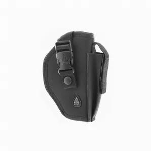 The Leapers UTG Right Handed Belt Holster is designed to fit most compact to full size pistols. It features reinforced stitching and materials for added protection against wear and tear. It has adjustable holster strap retention with a quick release buckle. The built-in magazine pouch features a hook-and-loop retaining strap. This holster also reatures a durable hook-and-loop belt retention strap.