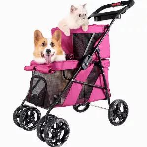 Length: 19 Width: 37.8 Height: 38.8 <p>The 4-wheel pet walking stroller is designed with upper and lower cabin compartments, which are paw-fect for small cats and dogs. Going up, the carriage can take up to a max loading weight of 13.2 lbs. and going down, it can carry up to 33 lbs.</p> <p>Each compartment features zippered mesh screen windows, which will provide your pets with plenty of proper ventilation!</p> <p>The swivel front wheels offer easy navigation, the one-hand hold feature delivers 