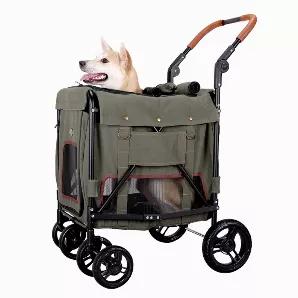 <strong> Heavy-Duty Dog Stroller with Top and Front Entry - Durable Cat Stroller with Adjustable Handle for Walks, Jogging - Premium Pet Stroller</strong> <br> <b>Features</b> <br> This dog wagon stroller has 2 extra-large top and front zipper multi-entry doors for easy hitching and accessing pet, mesh windows for air and ventilation, canopy and safety tethers for protection, and other features ensure comfortable travel for pets <br> Large heavy-duty quick-release suspension tire wheels with pun