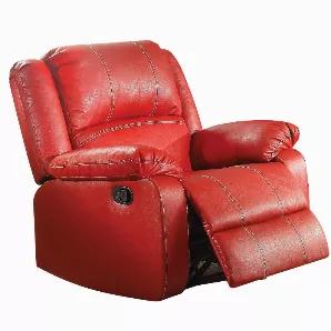 This rocker recliner is a wonderful choice for any family room, combines luxurious leatherette with the comfort of padded, reclining seating. Comfortable contoured seat, soft to the touch while the reclining footrests offer full leg support. The rocker recliner includes rocker function that allows you to rock gently up and down for ultimate comfort. It is finished in red leather upholstered.