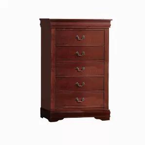 This Chest's vintage inspired details add storage with traditional appeal to any bedroom space. Constructed of select veneers and hardwood solids in a Cherry Brown finish, the spacious Chest offers Five drawers for you to store your socks, tees, underwear and other foldable apparel neatly tucked away. Complete with shaped molding, bracket feet, and antique bronze color bail hardware, the Chest has relaxed yet timeless style. Note: Other featured items in image except this Chest are sold separate
