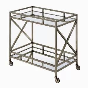 This serving cart has an eye catching appeal and makes a wonderful addition to your living room, dining room or bar area. Elegantly combining silver metal construction with 5mm tempered glass top, this cart forms the perfect accent piece for any home. The cart features mirrored open bottom shelf that makes a perfect place to securely store wine bottles, glasses and other related items. Secured by tubular side rails and X shape panels, this cart offers stylish serving of drinks, food and other it