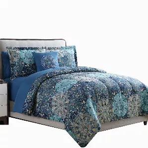 Enrich the look of your bedroom by adding this 8 piece king size bed set which goes perfect with your complete bedroom interior and adds a traditional charm. Crafted from good quality soft microfiber which offers an ultimate comfort, it features box quilted details and complemented with intricate flower print in an elegant hues of blue. The set comes with a reversible comforter that makes it a versatile piece and a perfect companion to your bed.