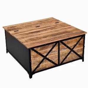 Emanating a bold, rustic appeal, this trunk coffee table from our Daz collection is sure to add a unique character to your interior. Featuring a lift top storage space that can be accessed from the both sides, the metal hinges facilitate smooth opening and closing. Handcrafted from water resistant mango wood, metal sheet, and cast iron for lasting use, the cross metal trim and rivet accents impart a confident and charming aesthetic. The natural brown wood finish goes perfectly well with the blac