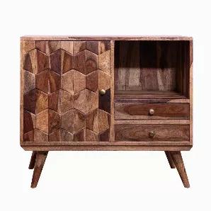 Emanating a paleolithic age charm, this Nightstand depicts geometric stone inlaid design. Incorporated with 2 smooth gliding drawers and 1 door storage, it is equipped with an open compartment to keep books and other bedtime essentials. Constructed sturdily from the wood frame for prolonged durability, the aesthetically visible grain details complement the brown tone finish of the structure. Supported on angled legs for utmost stability, the drawers and the door are equipped with round pull hand
