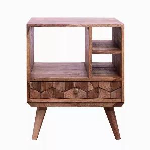 Emanating a paleolithic age charm, this Nightstand depicts geometric stone inlaid design. Incorporated with a smooth gliding drawer, it is equipped with 3 open compartments to keep books and other bedtime essentials. Constructed sturdily from the wood frame for prolonged durability, the aesthetically visible grain details complement the brown tone finish of the structure. Supported on angled legs for utmost stability, the drawer is equipped with round pull handle. Though inspired by transitional