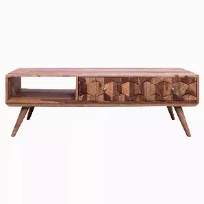 Length: 55.20 Width: 24.00 Height: 18.00 <p>Length: 55.20 Width: 24.00 Height: 18.00 Emanating a bold farmhouse appeal, this Coffee Table depicts a textured honeycomb design. Incorporated with a drop-down door, it is equipped with an open compartment to keep magazines and other essentials organized. Handcrafted from an Indian rosewood frame for prolonged durability, the aesthetically visible grain details complement the brown tone finish of the structure. Supported on angled legs for utmost stab