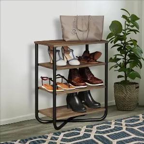 A perfect blend of industrial and transitional style, this shoe rack shelf unit is sure to accentuate your entryway with a contemporary sense of minimalistic style. it has four tiered storage shelves, all of which are made with sturdy composite wood that include aesthetically pleasing grain details. The steel frame adds stability to it while the dual tone finished oak brown and black colors grant a dramatic touch to the overall structure. Simple yet versatile, these spacious shelves will not onl