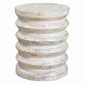A perfect addition to your interior, this Wooden End Table is sure to add a cottage-themed appeal to the aesthetics of your place. Exquisitely designed in a compressed spring shape, it showcases a hint of grain details all over the body. Featuring a wide round top to flaunt your exotic decor items and vases, it rests on a round and stable base. Handcrafted from the water-resistant mango wood frame for lasting durability, it is accented with a washed white tone finish. Place it along with your so