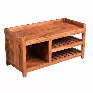 <p>Length: 16.00 Width: 36.00 Height: 18.00 Uplift the aesthetics of your hallway or entryway with the introduction of this Wooden Entryway Bench with Storage. A versatile addition to your interior, it features a wide wooden seat. Incorporated with 2 slatted shelves, which can be used to keep your shoes organized, it also comes with an open cubby. Constructed sturdily from acacia wood frame for lasting durability, it is accented with a brown tone finish. Exhibiting aesthetically visible grain de