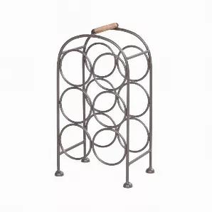 Length: 9.80
Width: 13.00
Height: 20.00
Display your fine wine collection with this minimalistic yet appealing industrial wine rack holder. Compact and stylish, it exhibits a clean-lined rectangular silhouette. Handcrafted from a lightweight yet sturdy iron frame in a gunmetal gray finish, it comes with a bottle holding capacity of six. Featuring a sturdy wood handle for portability, it is supported on sleek yet sturdy legs with round bases for immense stability. A perfect fit for your bar co