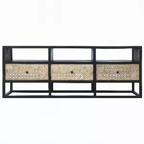 <p>Crafted with a modern transitional flair, this gorgeous TV media entertainment console is sure to add character and contrast to your interior decor. Featuring three spacious smooth gliding drawers and three open compartments, the ornate cut out floral design on the drawer panels embellish its overall look with charisma and class. The piece is constructed from a combination of mango wood and metal, and a dual tone finish in dark brown and black easily compliment a number of interior design con