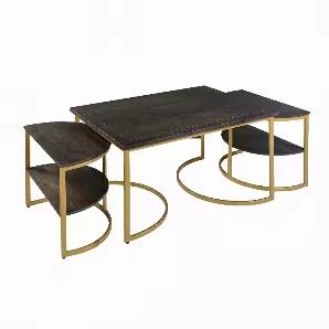 Make a style statement by bringing in this exquisitely designed 3 piece Nesting Coffee Table set, which comprises 1 Coffee Table and 2 nesting End Tables. Featuring a wide rectangular tabletop to serve conveniently, the nesting End Table comes with a half moon shaped tabletop and bottom shelf. Constructed sturdily from the combination of quality solid wood and metal frame, the striking concoction of black and gold tone accentuates its overall look. The half moon shaped design at the base provide