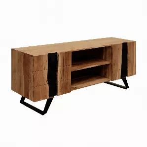 Length: 16.00 Width: 59.00 Height: 22.00 Length: 16.00 Width: 59.00 Height: 22.00 Exquisitely designed with expert level artisan craftsmanship and live edge detail work, this industrial TV cabinet from our premier Stanley collection makes a charming addition to your home. Features ample storage space with its three drawers, one soft closing cabinet door, and two open compartments with open back space for easy wire management. The natural brown finished wood and the contrasting black coated iron 