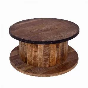 Length: 36.00 Width: 36.00 Height: 18.00 Length: 36.00 Width: 36.00 Height: 18.00 With a bold and rustic appeal, this farmhouse coffee table is a perfect addition to your existing interior decor. Exhibiting a round, spool shaped silhouette, the coffee table is encased with iron and depicts rivet accent along the edges for visual interest and appeal. Featuring a stylish industrial plank style design, it is handcrafted from a highly water resistant mango wood frame. The walnut and natural brown fi