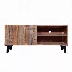 Length: 15.00 Width: 55.00 Height: 22.00 Length: 15.00 Width: 55.00 Height: 22.00 Emanating a bold yet rustic flair, this modern TV entertainment center console from our artisanal Kai collection is sure to add a remarkably charming character to your interior decor. Featuring an embossed inlaid geometric design, this piece is accented in distressed natural light brown finish. The two soft closing doors with magnetic closure offer plenty of space to organize electronics while the two open compartm
