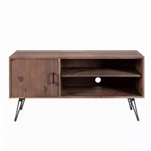 <p>
Emanating a bold, rustic flair, this wooden TV entertainment center console from our best selling Clive collection is the perfect fit for your entertainment space, living room, or den. Featuring a closed door cabinet and two open compartments with a cut out hole for easy wire management, the TV stand exhibits subtle wood grain details for a nature inspired appeal. Handcrafted from the environmentally friendly solid reclaimed fir wood frame, it is supported on strong and sturdy wrought iron h