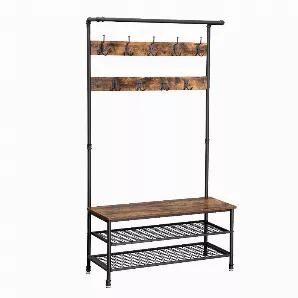 A versatile furniture for your hallway, entryway, foyer, or mudroom, this industrial style coat rack adds a bold, rustic character to your interior decor. Featuring a built in wood bench, it comes with two wire mesh shelves to keep your shoes organized. With nine double hooks to hang coats, hats, scarves, and umbrellas, it is handcrafted from durable composite wood and a sturdy metal frame. The rustic brown accented wood finish harmonizes with the matte black coated frame. The water pipe style f