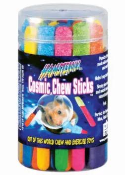 Prevue Hendryx's Hamsteroids Cosmic Chew Sticks keep teeth and nails manicured while satisfying pets natural instinct to nibble and chew. These fruit scented and flavored sticks are made with wood and coated with a 100% natural cosmic formula.