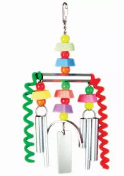 Prevue Hendryx's Chime Times stimulate birds' senses and provide them with hours of fun. These aluminum chimes are decorated with colorful beads, calcium enriched wafers, and rubber rings and are equipped with a quick-link for easy attachment to cages.