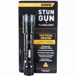 Sabre 1 Million Volt Stun Gun W/Flashlight - Black.    Pain rating: 1.139 µC (intolerable pain)<br>
Rechargeable 80 Lumen LED flashlight (cord included)<br>
Comes with belt holster & clip<br>
Aircraft-grade Aluminum<br>
Safety switch to prevent accidental discharge