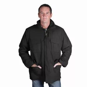M65 Field Jacket With Liner - Black - 5XL                65% polyester / 35% cotton water repellent shell<br>
Deluxe 100% polyester, fiberfill button-in liner (not shown)<br>
Heavy duty #10 zipper w/ rugged fabric matching pull cord<br>
Full snap-down storm flap over zipper to protect from external elements<br>
2 bellowed chest pockets & 2 lower waist pockets w/ snap down closure<br>
Shoulder epaulets<br>
Adjustable hook & loop cuffs<br>
Brass-zippered concealed hood (not shown)<br>
Gusseted upp