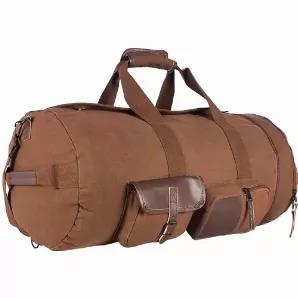 Crossover Duffle-Pack - Brown                         1 large main compartment with dual zipper-pull closure<br>
Leather trimmed storm flap over main compartment with magnetic snap closure<br>
Extra large end pocket with dual zipper-pull closure<br>
2 side pockets pouches with leather trim<br>
Concealed, fully adjustable & padded shoulder straps<br>
Wrap around web handles with padded grip securely transports heavier loads<br>
2 side foot-locker type handles with leather trim<br>
Easily access g