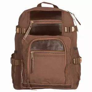 Retro Londoner Commuter Daypack - Vintage Brown.       Padded back and shoulder straps<br>
1 large zippered main compartment with computer sleeve<br>
Dual front zippered compartments<br>
2 zippered accessory pockets<br>
2 side open top pockets<br>
Quad cinch straps<br>
Padded, adjustable shoulder straps<br>
Grab hook<br>
Color washed canvas with genuine leather trim